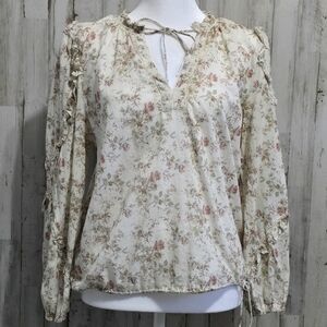 AE77 Premium American Eagle Cream Floral Ruffle V Neck Blouse Oversized Small
